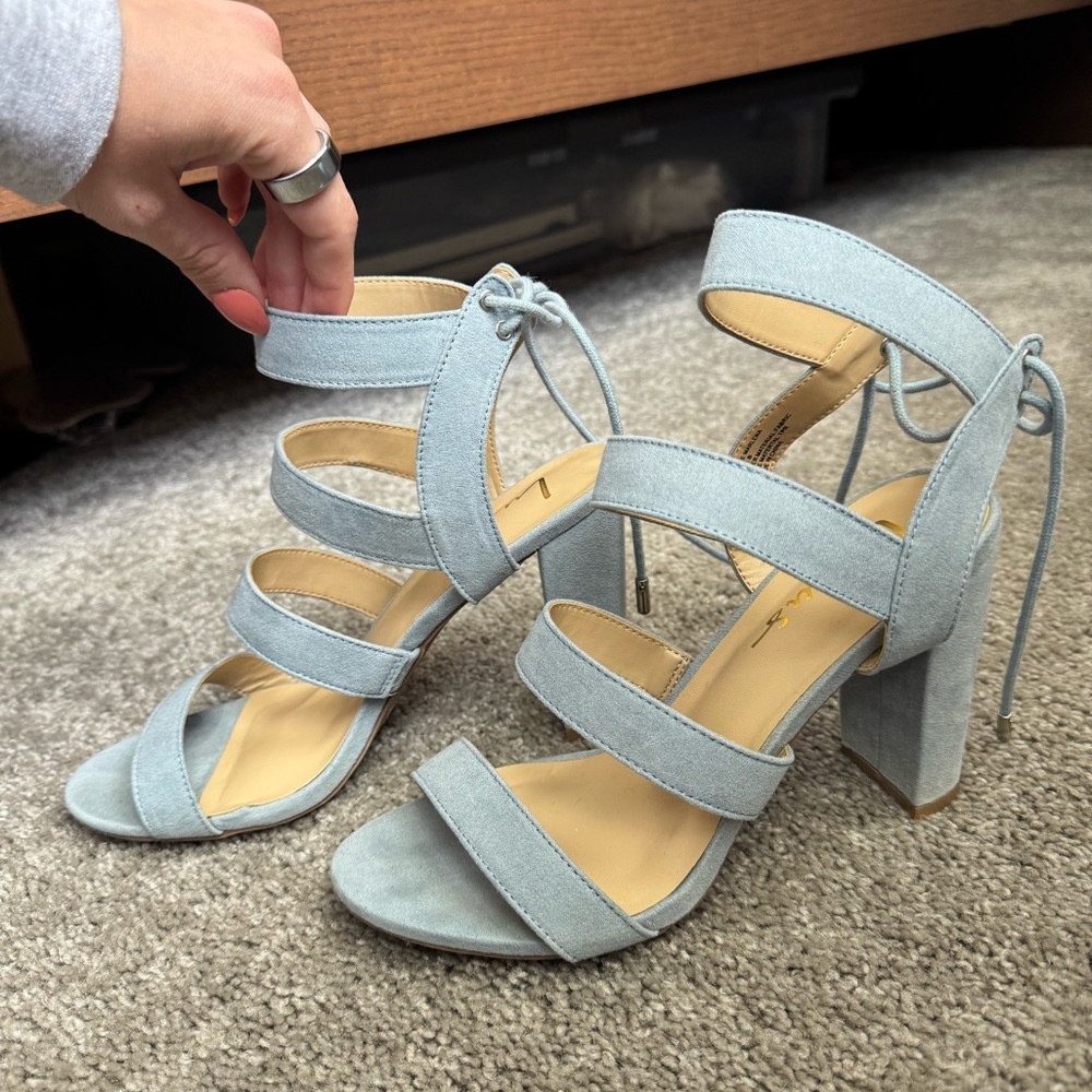 Lulu's Marlena Blue Grey Suede Caged Lace-Up Heel - Picture 5 of 9